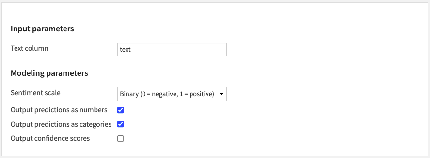 Sentiment Analysis Recipe Settings