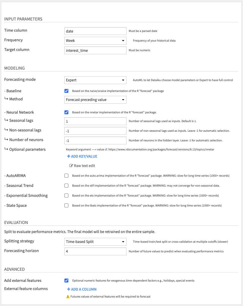 Train and evaluate forecasting models Recipe Settings