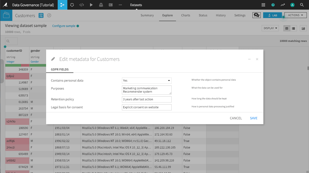 Example of documenting personal data usage in Dataiku DSS.