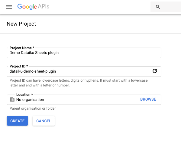 Create a new project (or select an existing one) using Google API