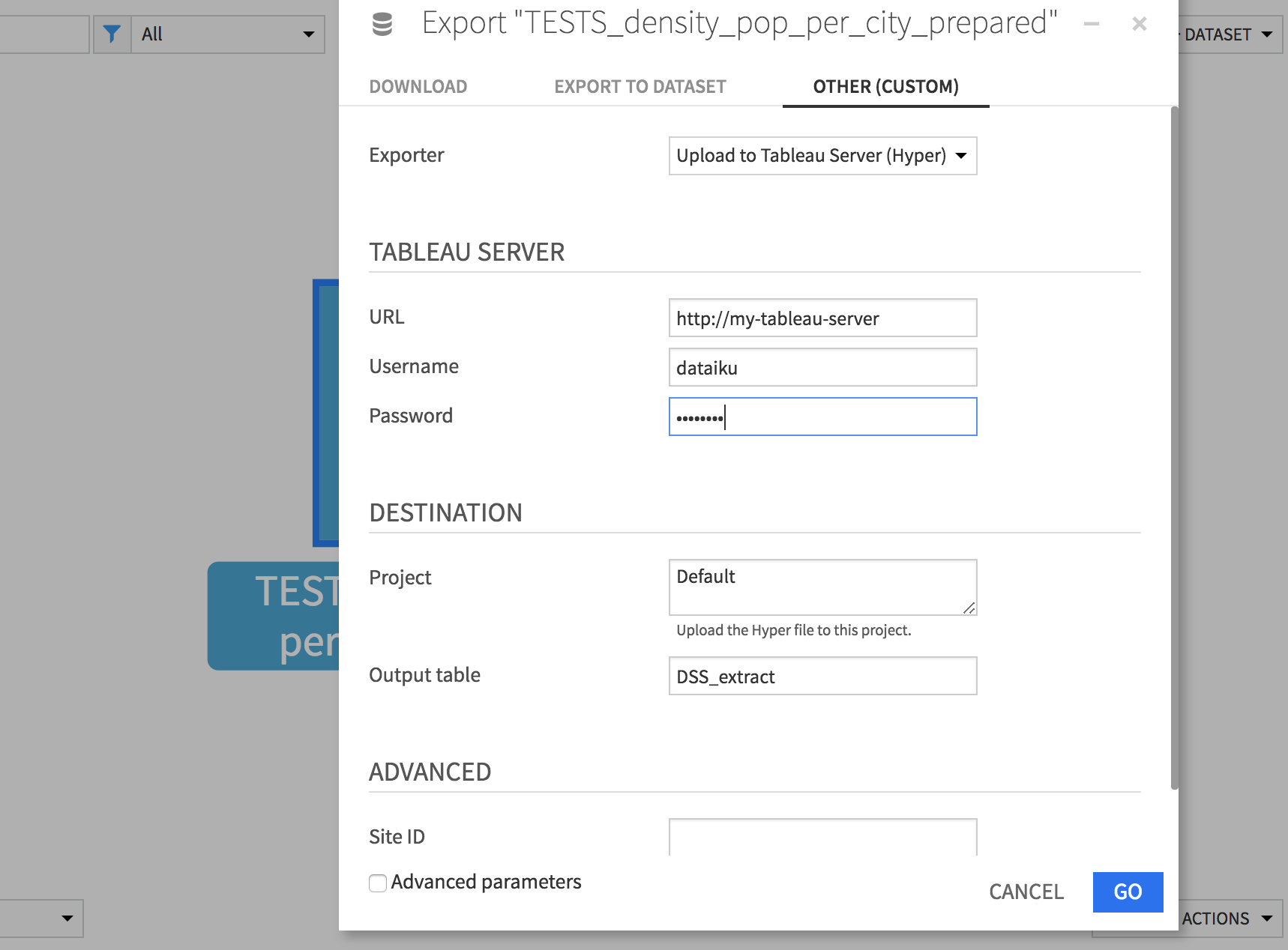 Enter your Tableau server URL and credentials