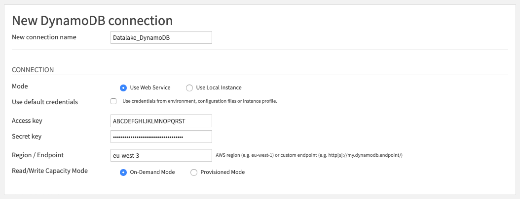 Configuration screen for a new DynamoDB connection