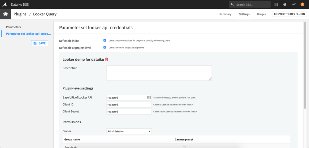 Settings of the looker query plugin