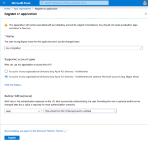 Microsoft Azure Portal screenshot showing the app registration form