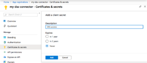 Microsoft Azure Portal screenshot showing the client secret add form