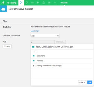 Dataiku DSS screenshot showing the dataset path selector