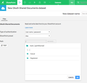 Dataiku DSS screenshot showing the dataset path selector