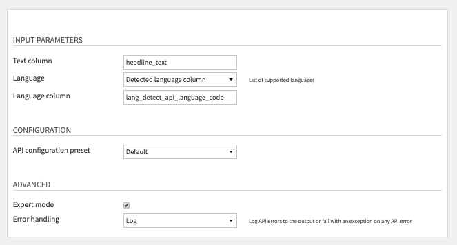 Sentiment Analysis Recipe Settings