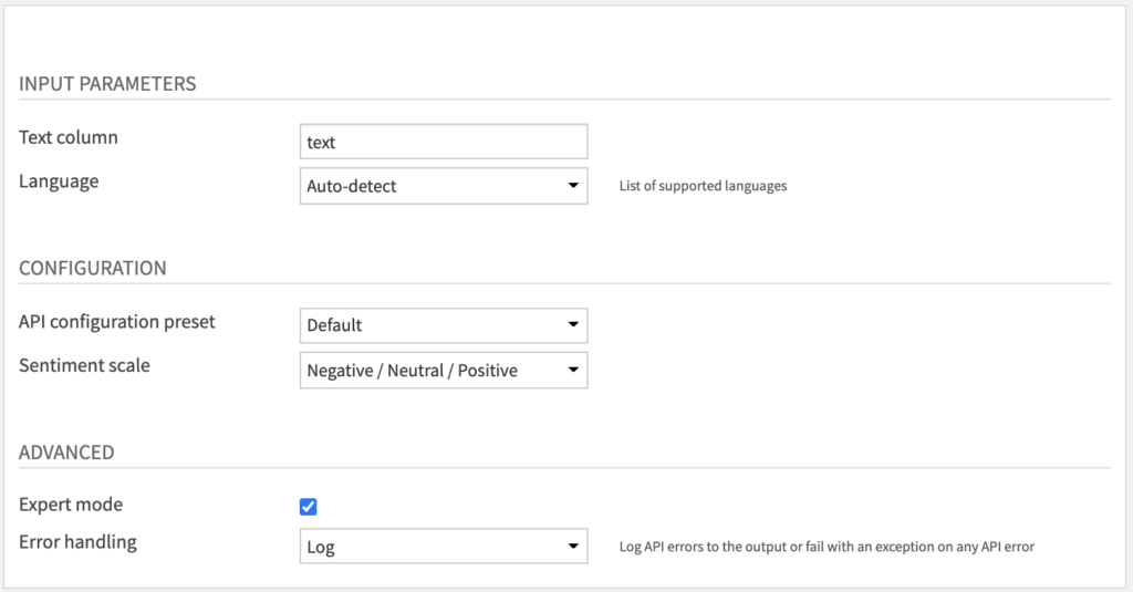 Sentiment Analysis Recipe Settings