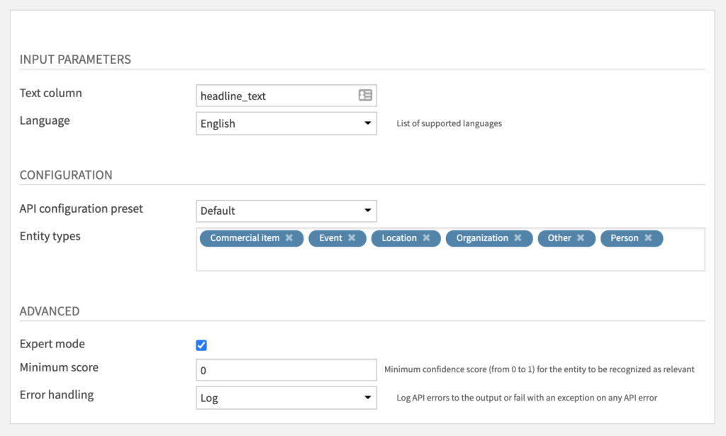 Named Entity Recognition Recipe Settings