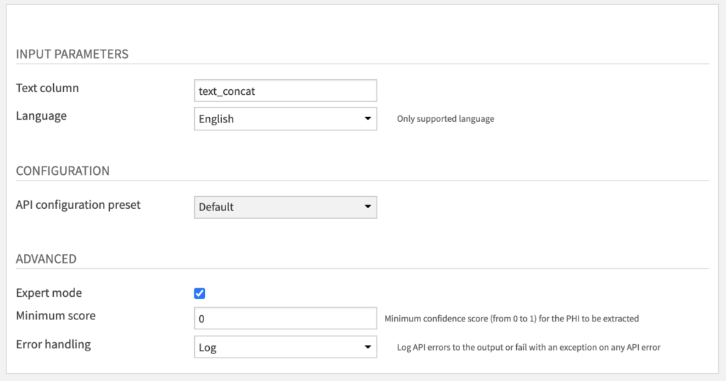 Protected Health Information Extraction Recipe Settings