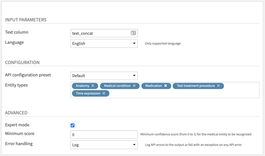 Medical Entity Recognition Recipe Settings