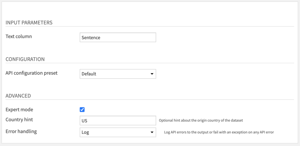 Language Detection Recipe Settings