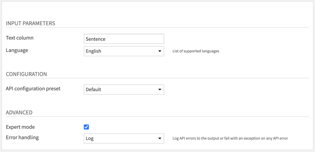 Sentiment Analysis Recipe Settings