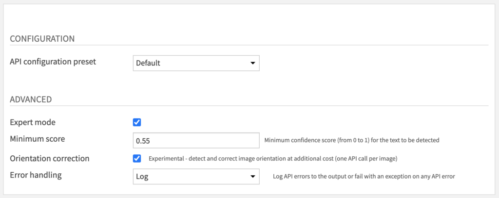 Text Detection Recipe Settings