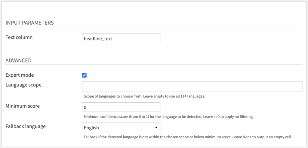 Language Detection Recipe Settings