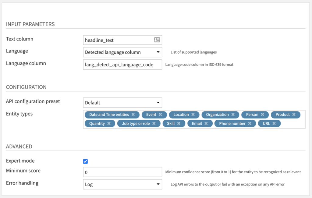 Named Entity Recognition Recipe Settings