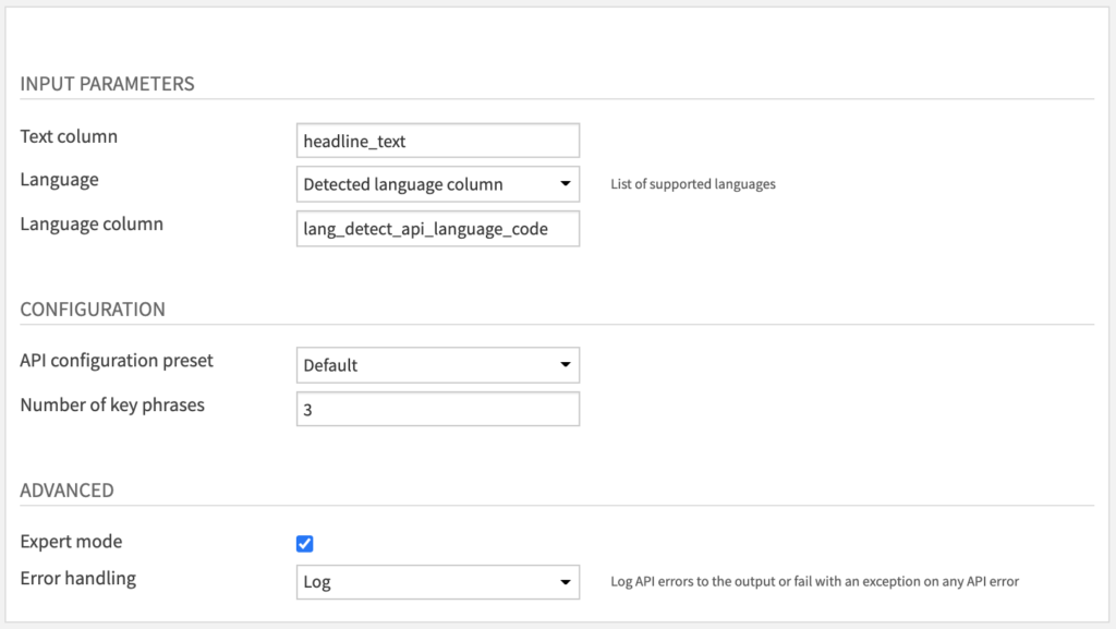 Key Phrase Extraction Recipe Settings