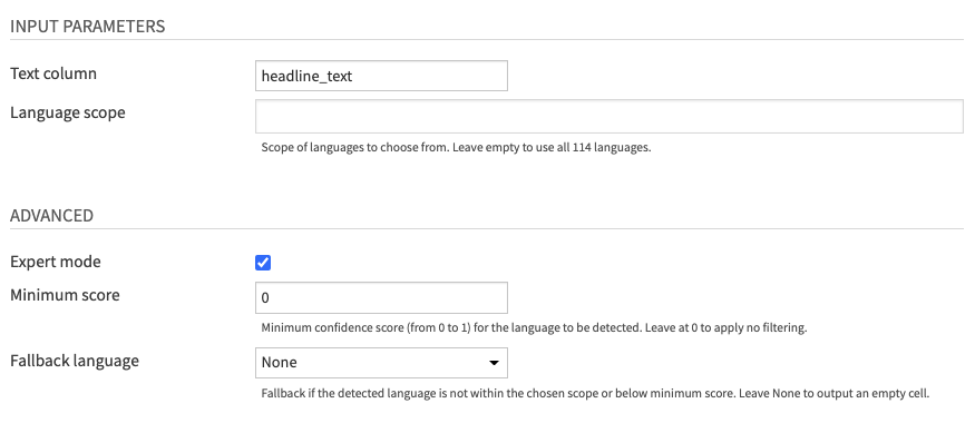 Language Detection Recipe Settings