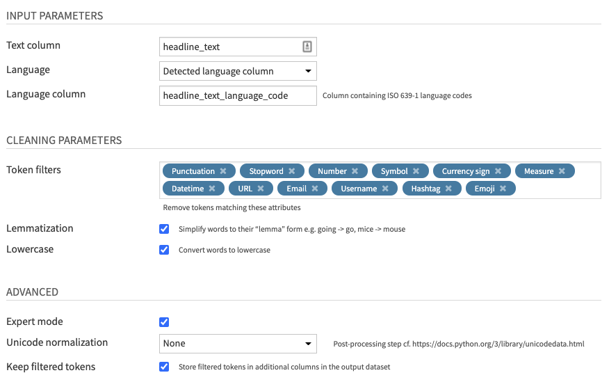 Text Cleaning Recipe Settings