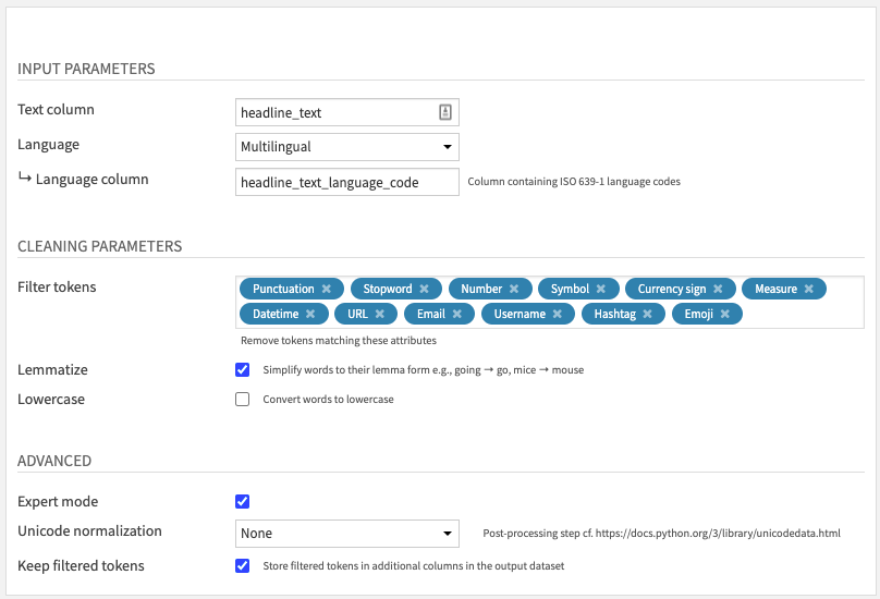 Text Cleaning Recipe Settings