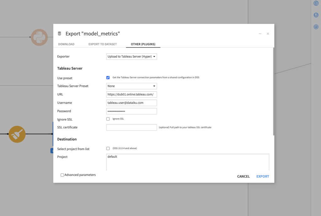 Configuration to export a dataset