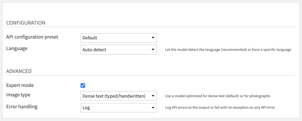 Text detection for images - Recipe Settings