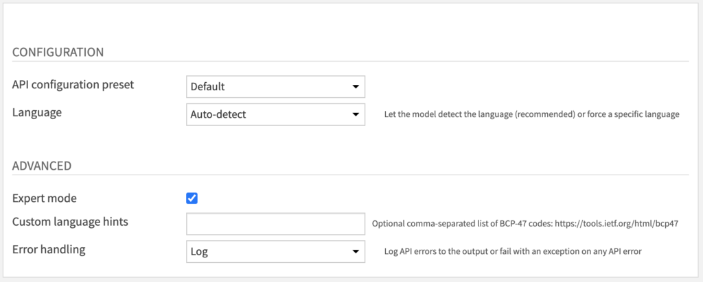 Text detection for documents - Recipe Settings