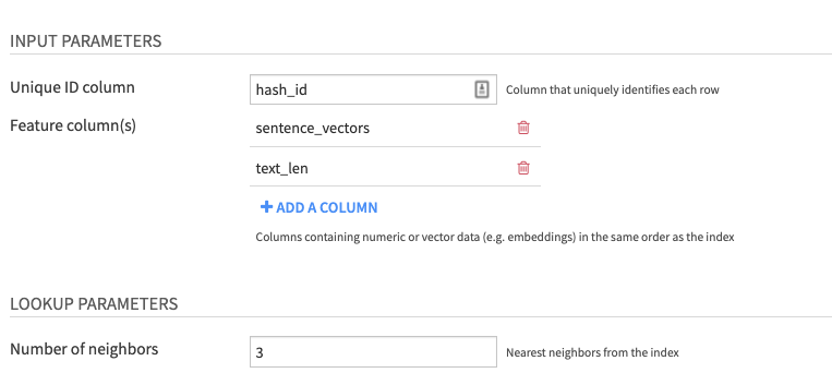 Find Nearest Neighbors Recipe Settings