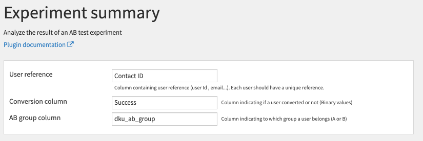 Settings of the experiment summary recipe