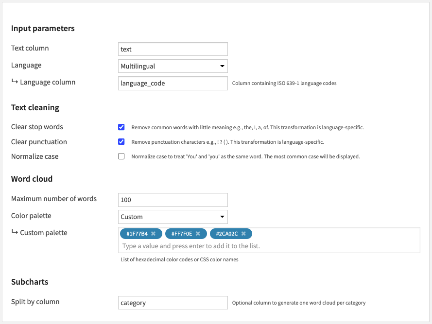 Word Cloud Recipe Settings