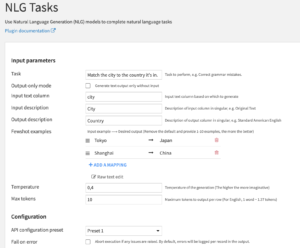 NLG Tasks - Recipe settings (With input dataset)